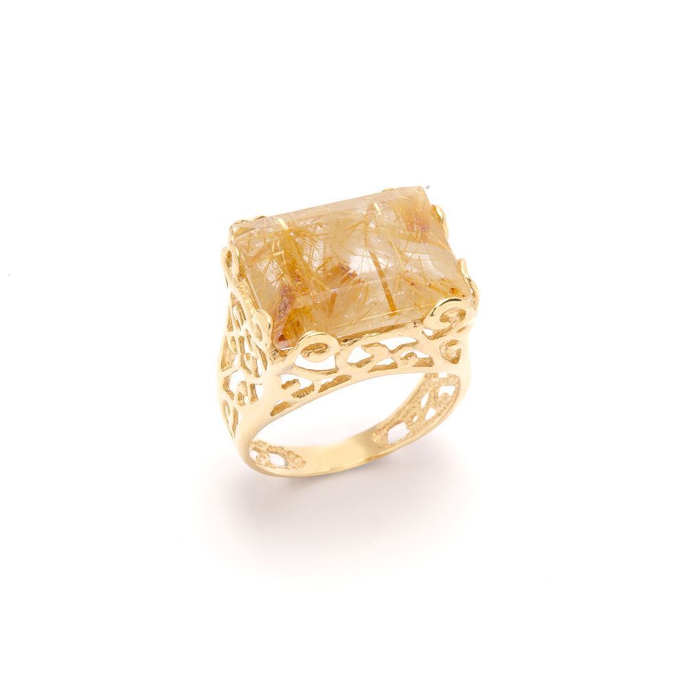 Anel Retangular de Quartzo Rutilado em Ouro 18 Kilates - 21543